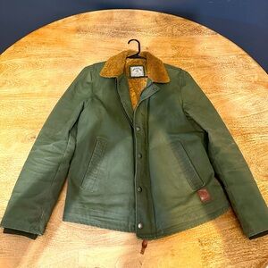 Iron & Resin Waxed Nautilus Jacket (1st Gen) in Olive bomber fur collar style.